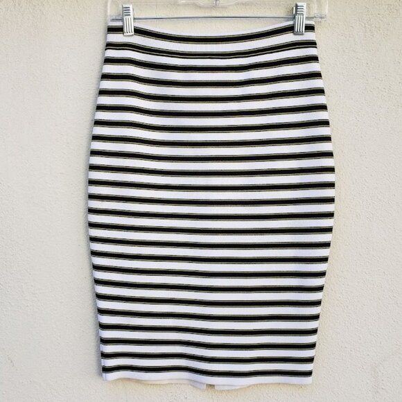 5/$100 SALE - A.L.C Marilyn Black White Yellow Striped Knit Pencil Skirt - Picture 6 of 9